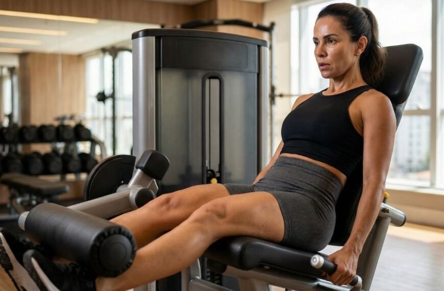 Mulher de meia-idade com expressão concentrada realizando exercício de musculação para as pernas em uma academia bem iluminada, ilustrando como o treino de força, que pode ser potencializado pelo uso de creatina na menopausa, ajuda na manutenção da massa muscular.