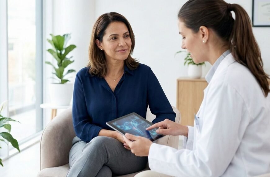 Ginecologista mostra informações em um tablet para uma paciente de meia-idade durante uma consulta médica, abordando o tema do HPV na menopausa em um ambiente clínico iluminado.