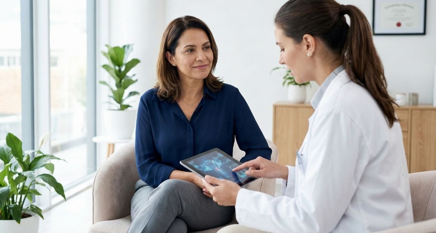 Ginecologista mostra informações em um tablet para uma paciente de meia-idade durante uma consulta médica, abordando o tema do HPV na menopausa em um ambiente clínico iluminado.