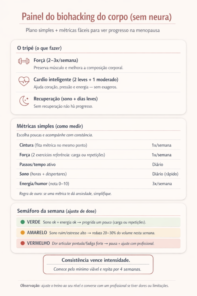 Infográfico vertical intitulado “Painel do biohacking do corpo (sem neura)”, com foco em menopausa. No topo, o título e o subtítulo indicam um plano simples com métricas fáceis para acompanhar progresso. O primeiro card apresenta o tripé do treino: força de 2 a 3 vezes por semana para preservar músculo, cardio inteligente com sessões leves e moderadas para saúde cardiovascular e energia, e recuperação com sono e dias leves. O segundo card mostra métricas simples de acompanhamento, como medida de cintura, força em exercícios de referência, passos ou tempo ativo, qualidade do sono e nível de energia ou humor, com frequências semanais ou diárias. O terceiro card traz o semáforo da semana, com três níveis: verde para progressão leve quando sono e energia estão bons, amarelo para reduzir volume em caso de estresse ou sono ruim, e vermelho para pausa e ajuste profissional em caso de dor ou fadiga intensa. Na parte inferior, a mensagem-chave destaca que consistência vence intensidade, seguida de uma observação sobre adaptar o treino ao nível individual e buscar orientação profissional se houver dores ou limitações.