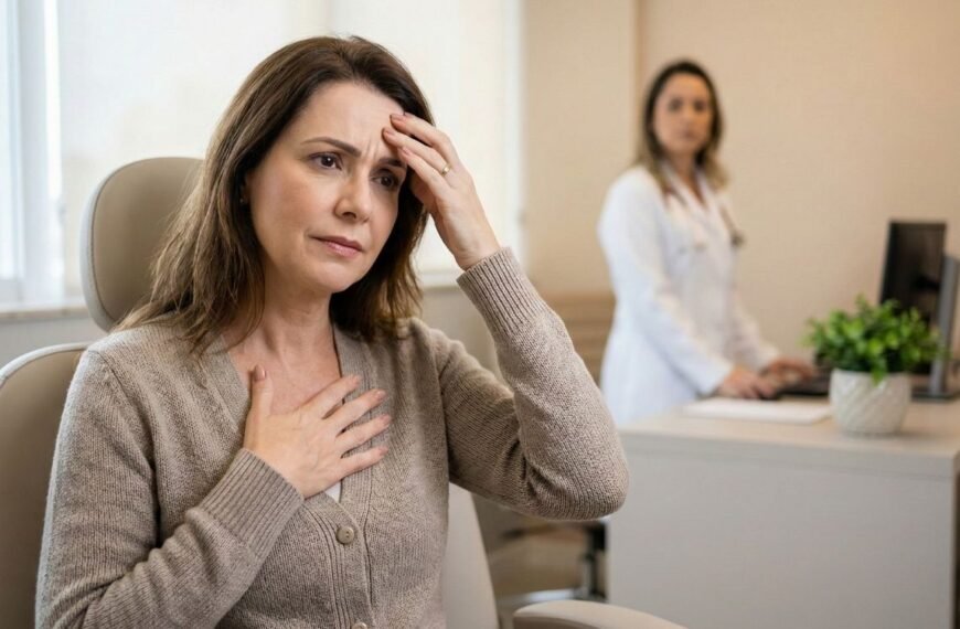 Mulher de meia-idade com expressão de preocupação em um consultório médico, segurando a mão no peito e na cabeça, ilustrando os sintomas de palpitações na menopausa, enquanto uma médica está ao fundo.
