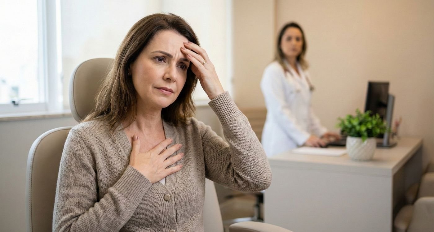 Mulher de meia-idade com expressão de preocupação em um consultório médico, segurando a mão no peito e na cabeça, ilustrando os sintomas de palpitações na menopausa, enquanto uma médica está ao fundo.
