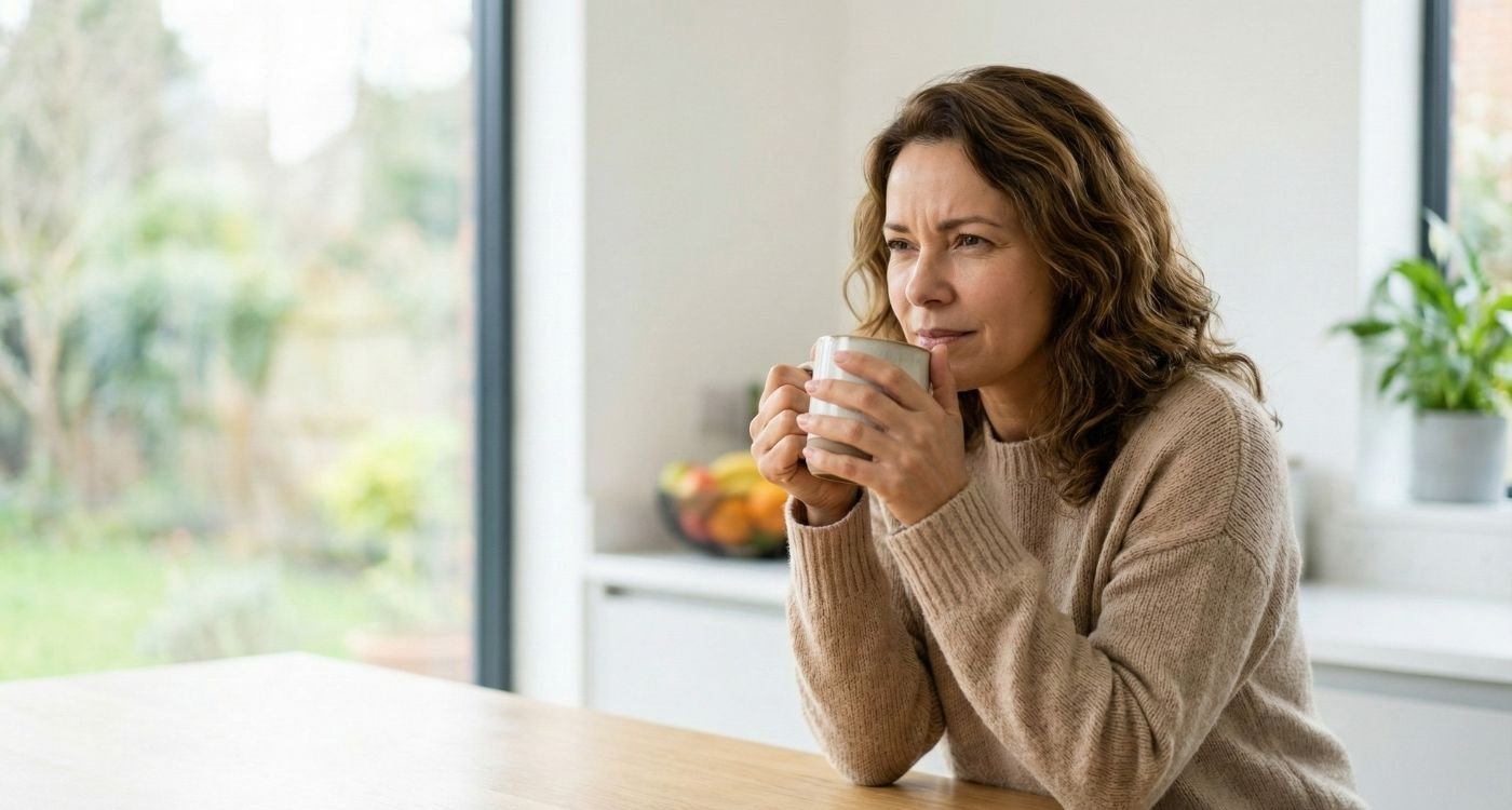 Mulher de meia-idade com expressão pensativa e ligeiramente preocupada segura uma caneca perto do rosto, tentando sentir o aroma, ilustrando a perda de olfato na menopausa em uma cozinha iluminada.
