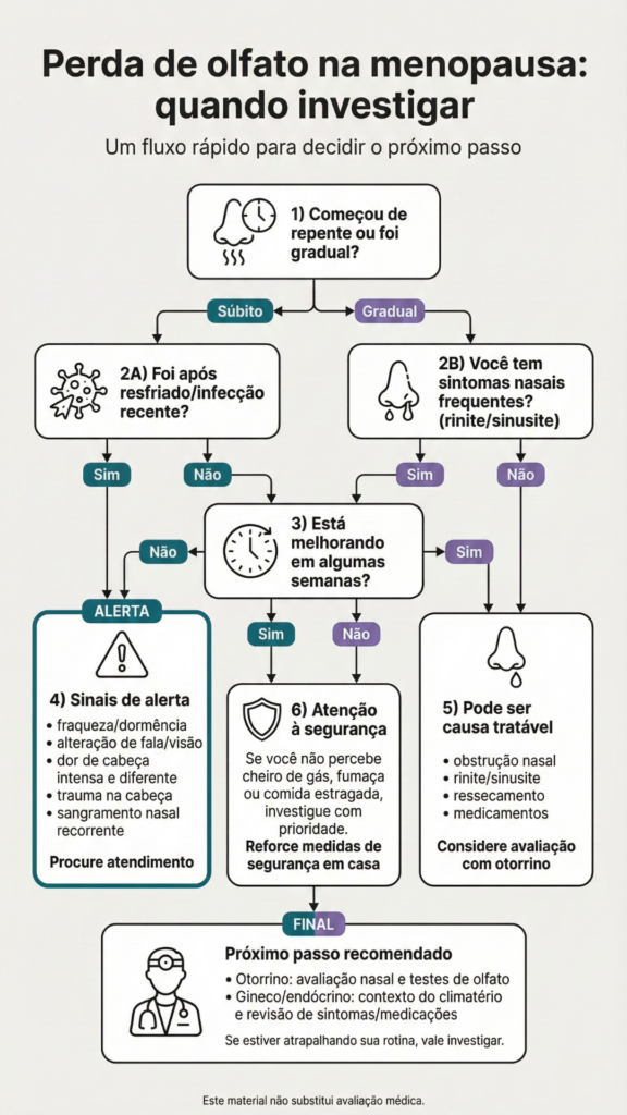 Perda de olfato na menopausa: infográfico em fluxograma mostrando quando investigar e quais sinais de alerta observar.