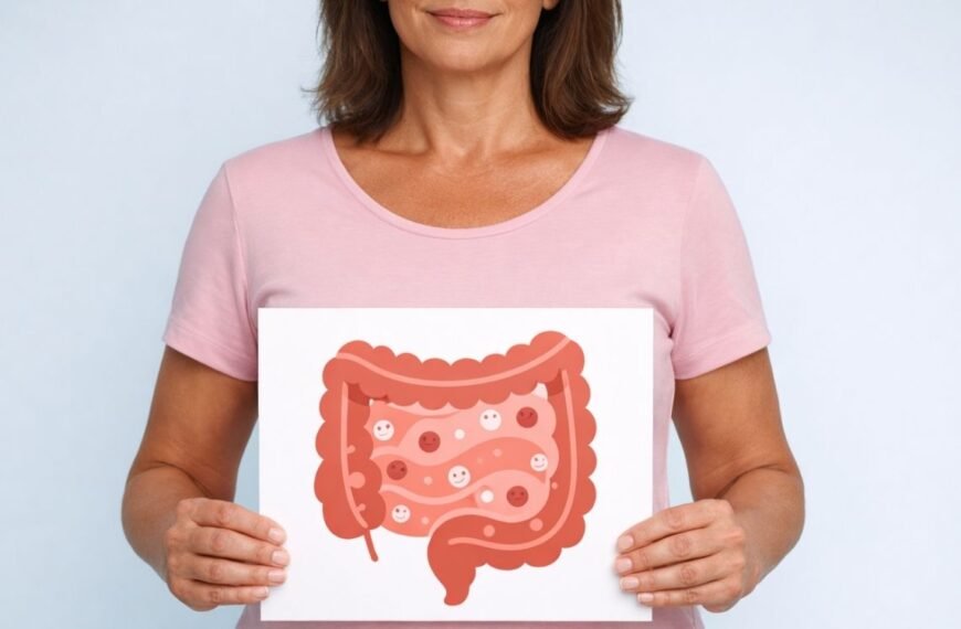 Mulher brasileira entre 45 e 55 anos segura um cartaz com ilustração minimalista do intestino e microrganismos benéficos, representando o papel dos probioticos na menopausa na saúde intestinal, no equilíbrio hormonal e no bem-estar feminino.