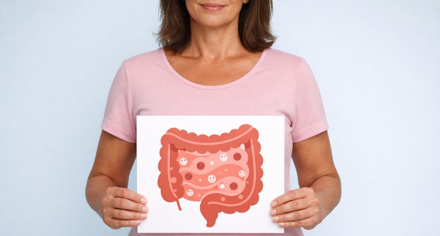 Mulher brasileira entre 45 e 55 anos segura um cartaz com ilustração minimalista do intestino e microrganismos benéficos, representando o papel dos probioticos na menopausa na saúde intestinal, no equilíbrio hormonal e no bem-estar feminino.