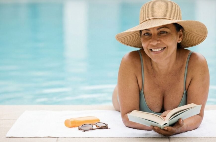 Uma mulher relaxando à beira da piscina com um livro e filtro solar, em uma imagem usada para discutir os cuidados necessários com a pele e procedimentos estéticos no verão.