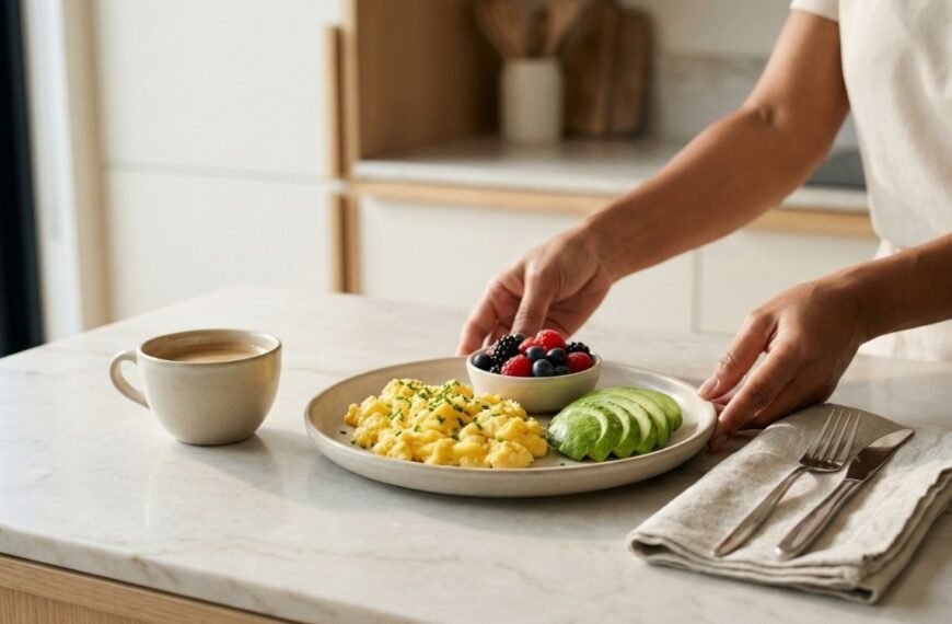 Mãos colocando sobre uma bancada de mármore um prato de café da manhã equilibrado contendo ovos mexidos, uma importante fonte de proteína na menopausa, acompanhados de abacate fatiado e frutas vermelhas.