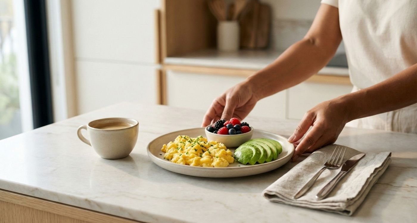 Mãos colocando sobre uma bancada de mármore um prato de café da manhã equilibrado contendo ovos mexidos, uma importante fonte de proteína na menopausa, acompanhados de abacate fatiado e frutas vermelhas.