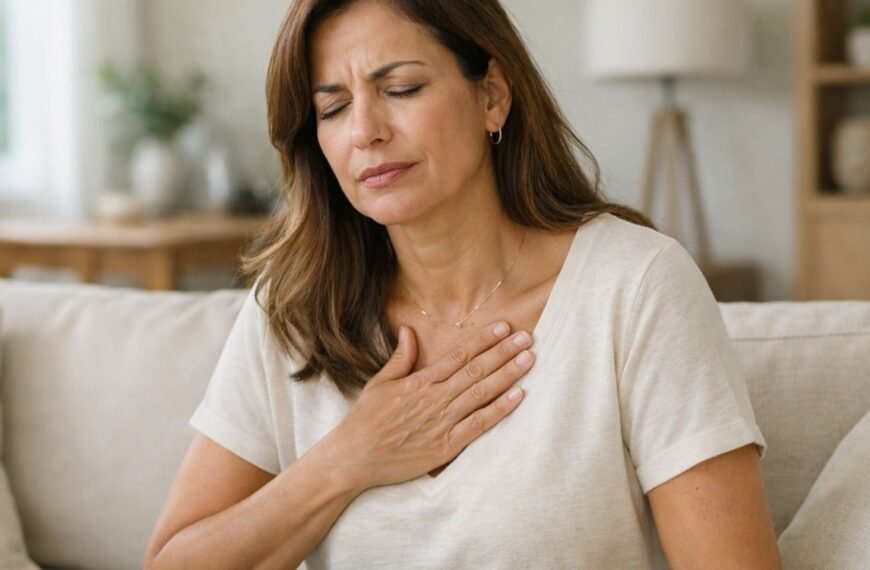 Mulher brasileira de cerca de 45 anos sentada na sala de casa, em ambiente claro e acolhedor, com a mão apoiada no peito/esterno demonstrando leve desconforto de azia, ilustrando refluxo na menopausa em um contexto clínico e lifestyle, com luz natural suave e estética clean.