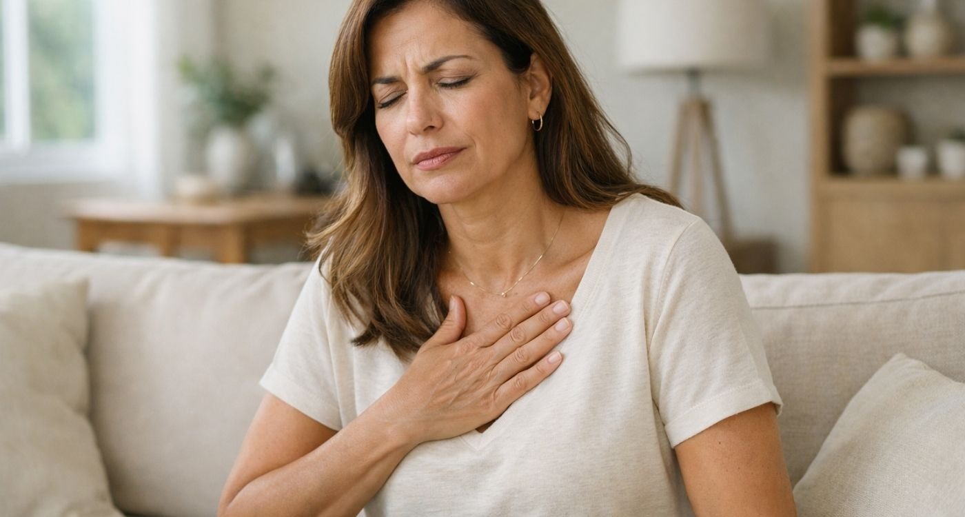 Mulher brasileira de cerca de 45 anos sentada na sala de casa, em ambiente claro e acolhedor, com a mão apoiada no peito/esterno demonstrando leve desconforto de azia, ilustrando refluxo na menopausa em um contexto clínico e lifestyle, com luz natural suave e estética clean.