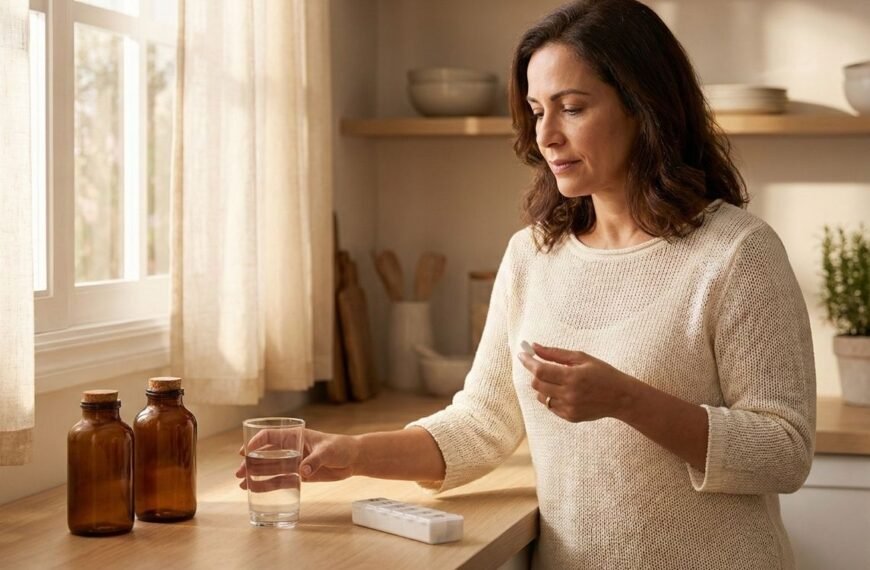Mulher de meia-idade em uma cozinha iluminada pelo sol, tomando um comprimido com um copo d'água. Um organizador de remédios e frascos de vidro estão sobre o balcão de madeira, ilustrando a rotina de cuidados para condições como a resistência à insulina.