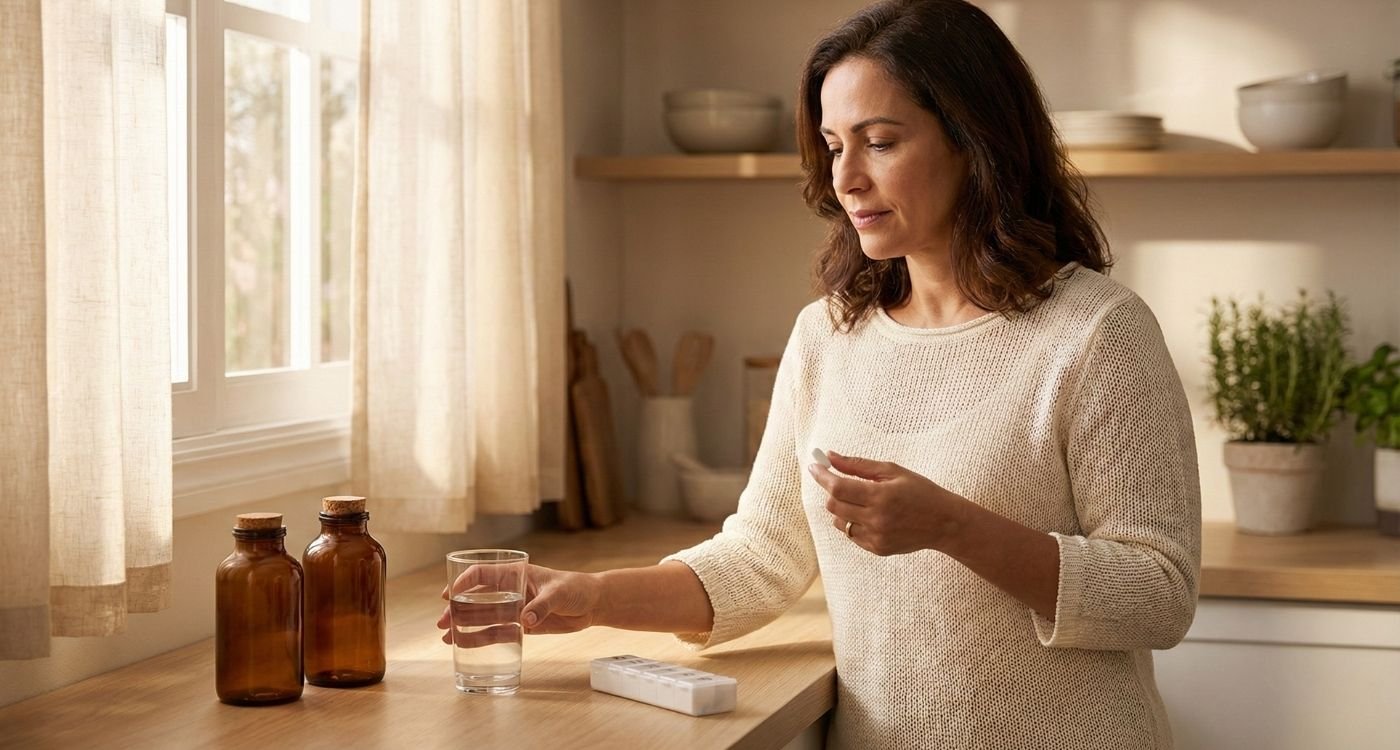 Mulher de meia-idade em uma cozinha iluminada pelo sol, tomando um comprimido com um copo d'água. Um organizador de remédios e frascos de vidro estão sobre o balcão de madeira, ilustrando a rotina de cuidados para condições como a resistência à insulina.