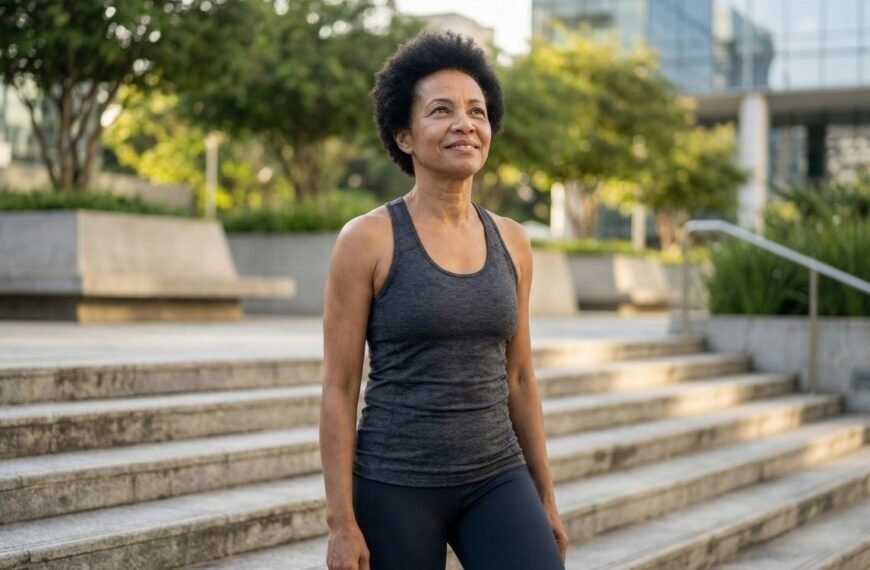 Mulher madura, com cabelo natural e roupa de ginástica, sorri enquanto desce degraus de concreto ao ar livre, ilustrando um estilo de vida ativo relacionado à prevenção da sarcopenia na menopausa.