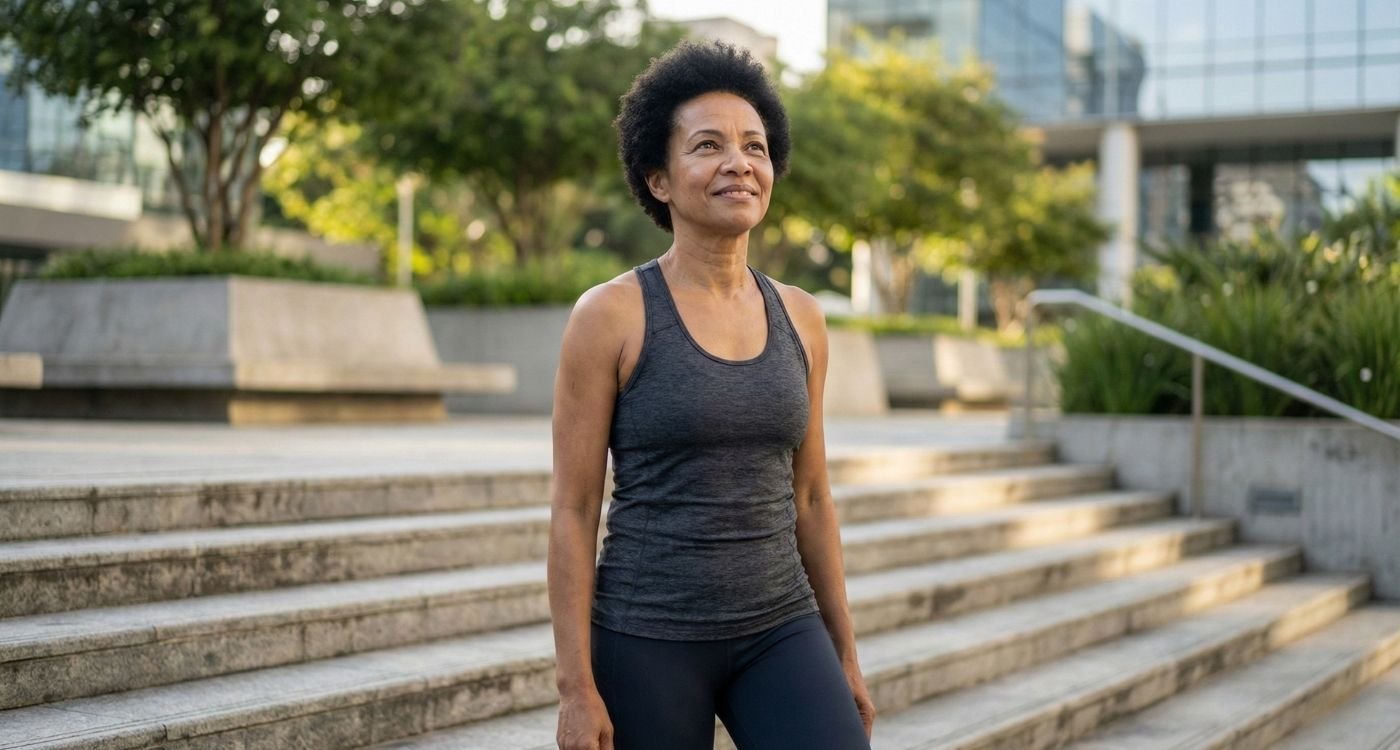 Mulher madura, com cabelo natural e roupa de ginástica, sorri enquanto desce degraus de concreto ao ar livre, ilustrando um estilo de vida ativo relacionado à prevenção da sarcopenia na menopausa.