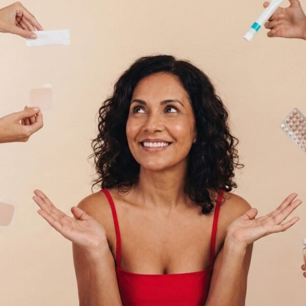 Uma mulher brasileira de meia-idade, com cabelos cacheados e vestindo uma blusa vermelha, sorri com esperança enquanto várias mãos ao seu redor oferecem diferentes tipos de terapia hormonal para a menopausa, como adesivos, gel, comprimidos e cápsulas, em um fundo bege. A cena ilustra as opções de tratamento e a busca pelo equilíbrio, incluindo a saúde cardiovascular, no contexto da terapia hormonal e coração.