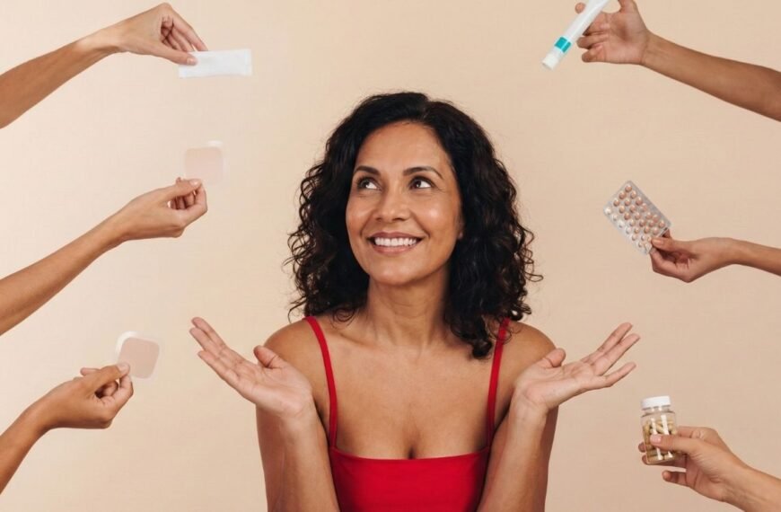 Uma mulher brasileira de meia-idade, com cabelos cacheados e vestindo uma blusa vermelha, sorri com esperança enquanto várias mãos ao seu redor oferecem diferentes tipos de terapia hormonal para a menopausa, como adesivos, gel, comprimidos e cápsulas, em um fundo bege. A cena ilustra as opções de tratamento e a busca pelo equilíbrio, incluindo a saúde cardiovascular, no contexto da terapia hormonal e coração.