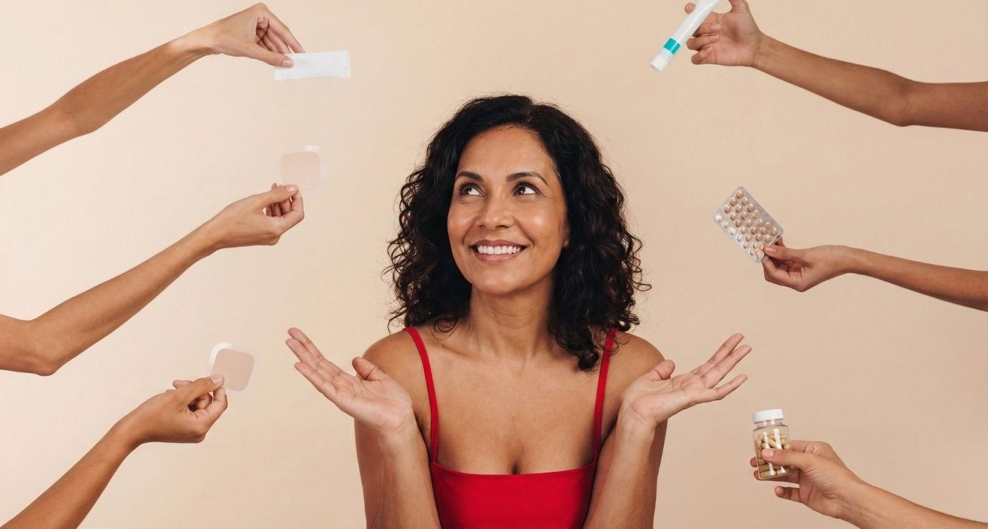 Uma mulher brasileira de meia-idade, com cabelos cacheados e vestindo uma blusa vermelha, sorri com esperança enquanto várias mãos ao seu redor oferecem diferentes tipos de terapia hormonal para a menopausa, como adesivos, gel, comprimidos e cápsulas, em um fundo bege. A cena ilustra as opções de tratamento e a busca pelo equilíbrio, incluindo a saúde cardiovascular, no contexto da terapia hormonal e coração.