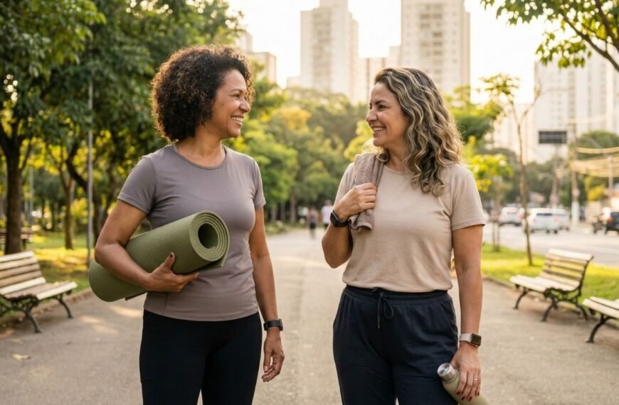 Duas mulheres de meia-idade sorriem e conversam enquanto caminham em um parque ensolarado após o exercício, com uma delas segurando um tapete de ioga e a outra uma garrafa de água e uma toalha. O exercício físico regular, como o demonstrado na imagem, é uma forma eficaz de controlar os níveis de triglicerídeos na menopausa. O parque possui árvores, bancos e edifícios ao fundo sob a luz dourada do final da tarde.