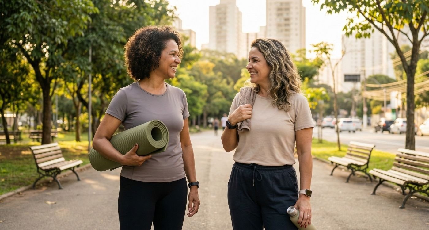 Duas mulheres de meia-idade sorriem e conversam enquanto caminham em um parque ensolarado após o exercício, com uma delas segurando um tapete de ioga e a outra uma garrafa de água e uma toalha. O exercício físico regular, como o demonstrado na imagem, é uma forma eficaz de controlar os níveis de triglicerídeos na menopausa. O parque possui árvores, bancos e edifícios ao fundo sob a luz dourada do final da tarde.
