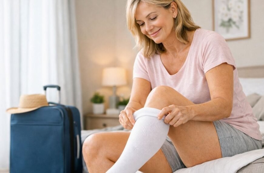 Mulher 45+ no quarto se arrumando para viajar, colocando meia de compressão branca para prevenção de trombose na menopausa.