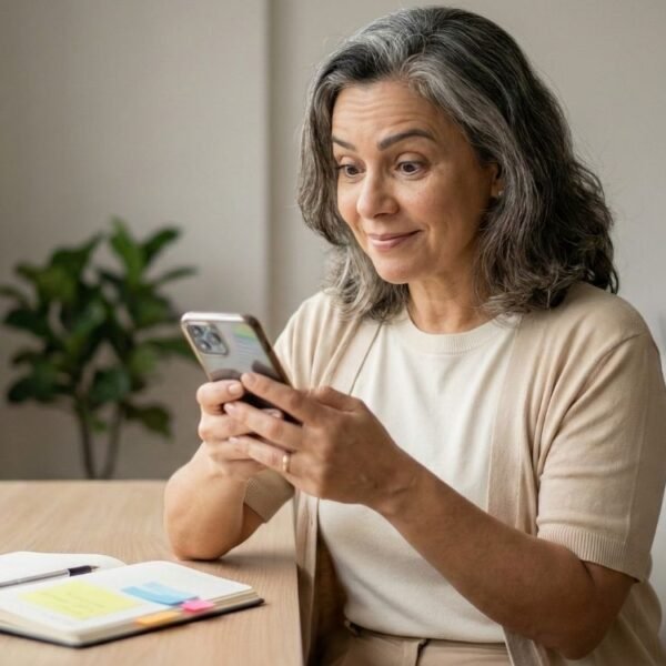 Mulher madura em ambiente de home office iluminado, segurando um celular e olhando para a tela com expressão de descoberta e leve sorriso de alívio. À sua frente, sobre a mesa de madeira, um caderno aberto com post-its coloridos sugere organização. A cena ilustra o momento de identificação e leitura sobre os 76 sintomas da menopausa.