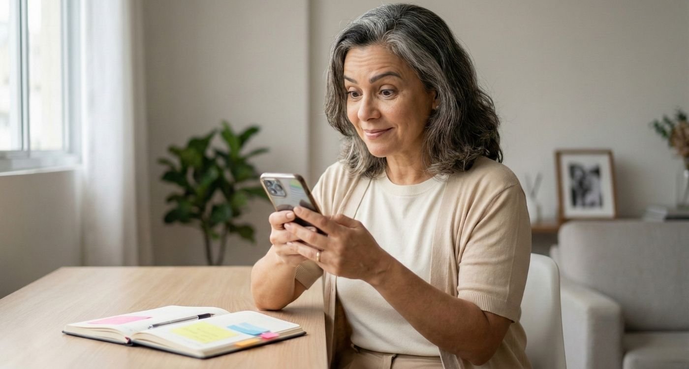 Mulher madura em ambiente de home office iluminado, segurando um celular e olhando para a tela com expressão de descoberta e leve sorriso de alívio. À sua frente, sobre a mesa de madeira, um caderno aberto com post-its coloridos sugere organização. A cena ilustra o momento de identificação e leitura sobre os 76 sintomas da menopausa.