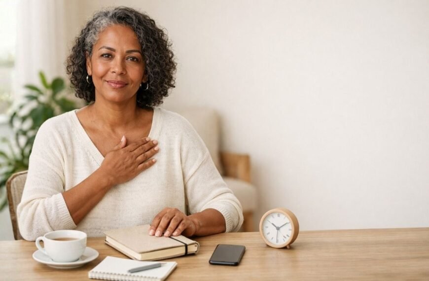 Amor próprio na menopausa: mulher 40+ em pausa intencional, fechando a agenda com serenidade e gesto de autocuidado em ambiente claro e acolhedor.
