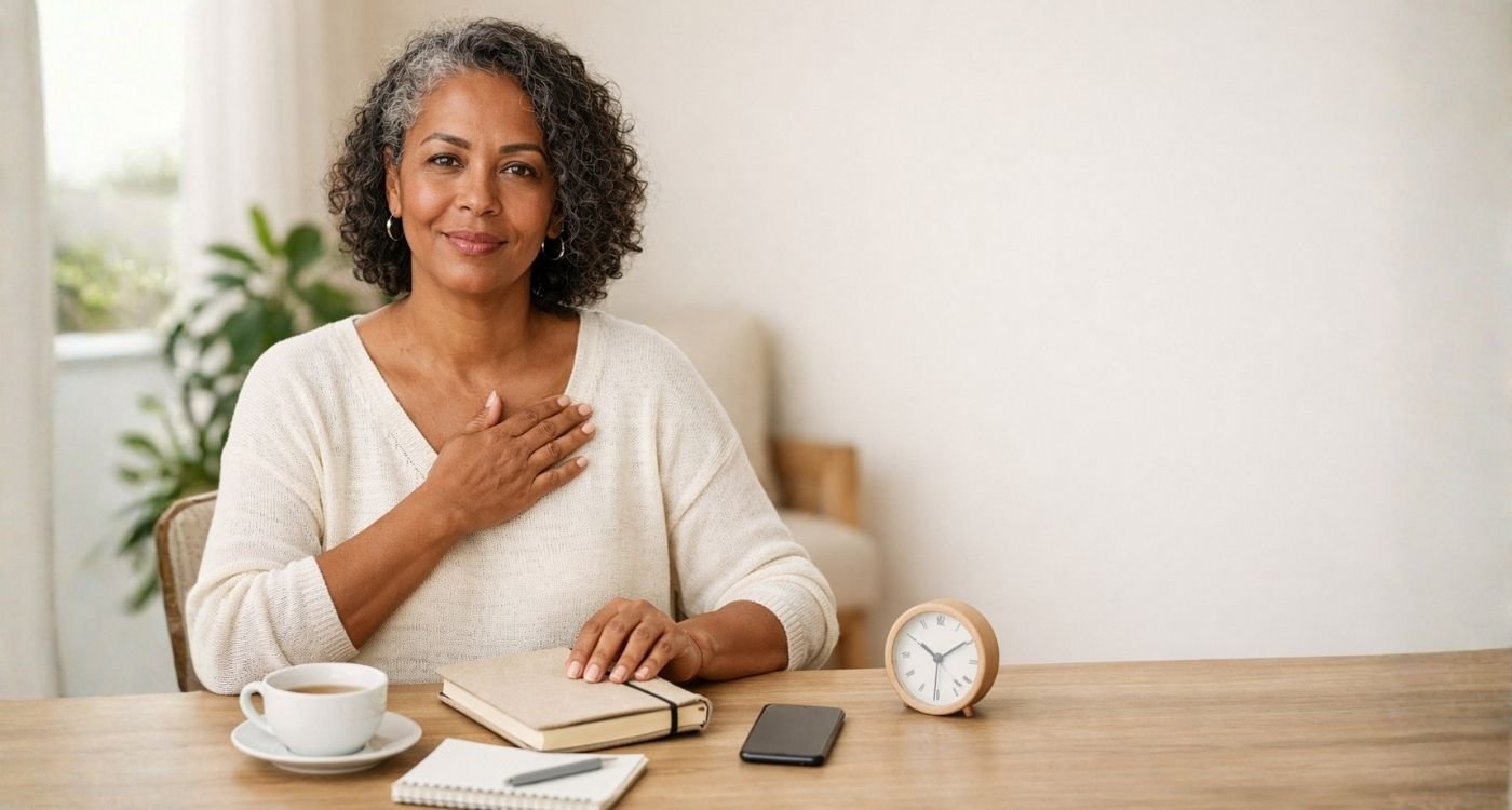 Amor próprio na menopausa: mulher 40+ em pausa intencional, fechando a agenda com serenidade e gesto de autocuidado em ambiente claro e acolhedor.
