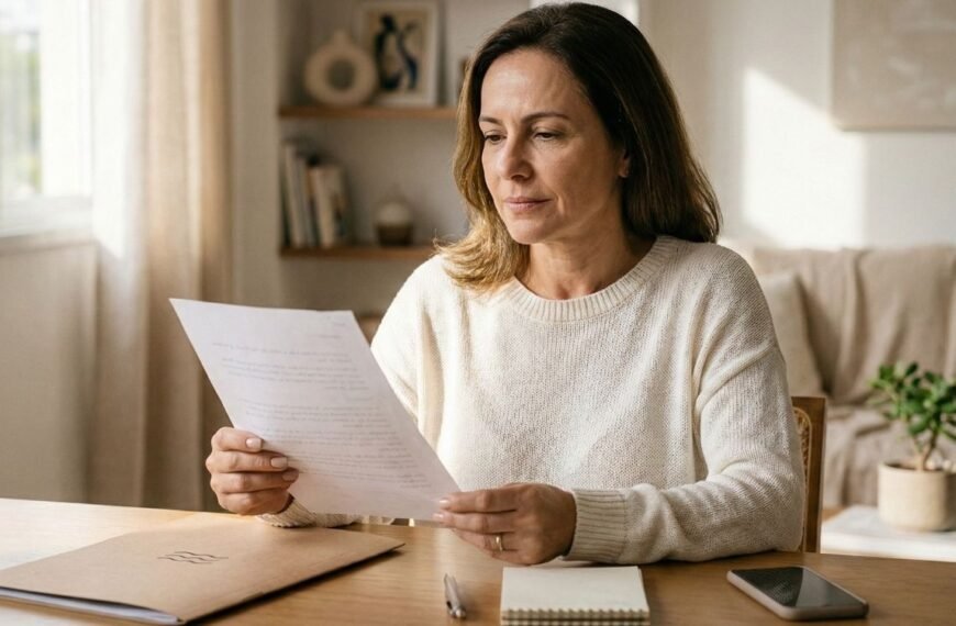 Mulher 45+ lendo um laudo médico com cid da menopausa, expressão tranquila, ambiente claro e acolhedor.