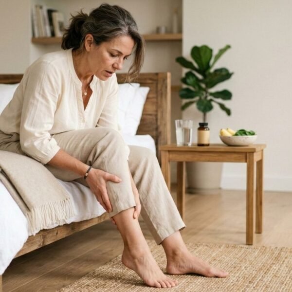 Uma mulher madura de cabelo grisalho, sentada na borda de uma cama de madeira em um quarto moderno e clean, segura e massageia a panturrilha direita com expressão de desconforto. Esta imagem ilustra um momento de dor devido a cãibras na menopausa. Ao lado, em uma mesa de cabeceira, há um copo de água e uma tigela com bananas e espinafre.