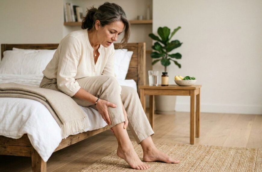 Uma mulher madura de cabelo grisalho, sentada na borda de uma cama de madeira em um quarto moderno e clean, segura e massageia a panturrilha direita com expressão de desconforto. Esta imagem ilustra um momento de dor devido a cãibras na menopausa. Ao lado, em uma mesa de cabeceira, há um copo de água e uma tigela com bananas e espinafre.