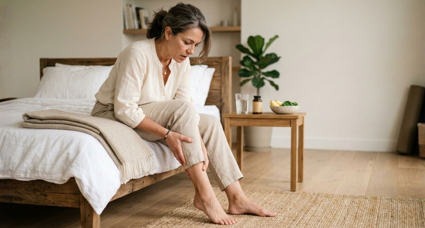 Uma mulher madura de cabelo grisalho, sentada na borda de uma cama de madeira em um quarto moderno e clean, segura e massageia a panturrilha direita com expressão de desconforto. Esta imagem ilustra um momento de dor devido a cãibras na menopausa. Ao lado, em uma mesa de cabeceira, há um copo de água e uma tigela com bananas e espinafre.