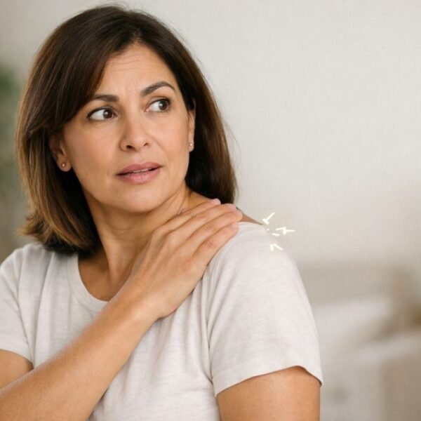 Mulher brasileira de cerca de 50 anos, em ambiente doméstico claro e acolhedor, toca o ombro com expressão de surpresa leve enquanto pequenos traços sutis indicam a sensação de choques elétricos na menopausa; imagem em meio busto, com fundo desfocado e espaço negativo lateral para título.