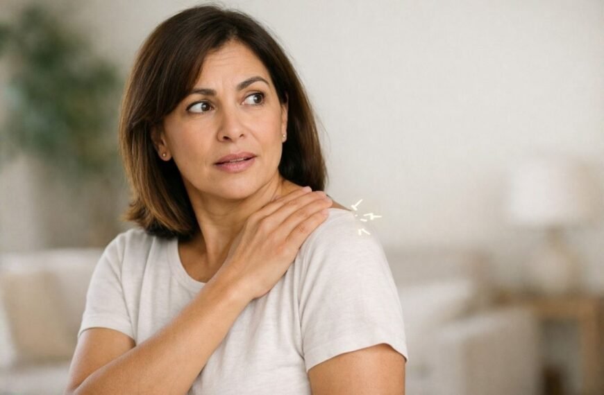 Mulher brasileira de cerca de 50 anos, em ambiente doméstico claro e acolhedor, toca o ombro com expressão de surpresa leve enquanto pequenos traços sutis indicam a sensação de choques elétricos na menopausa; imagem em meio busto, com fundo desfocado e espaço negativo lateral para título.