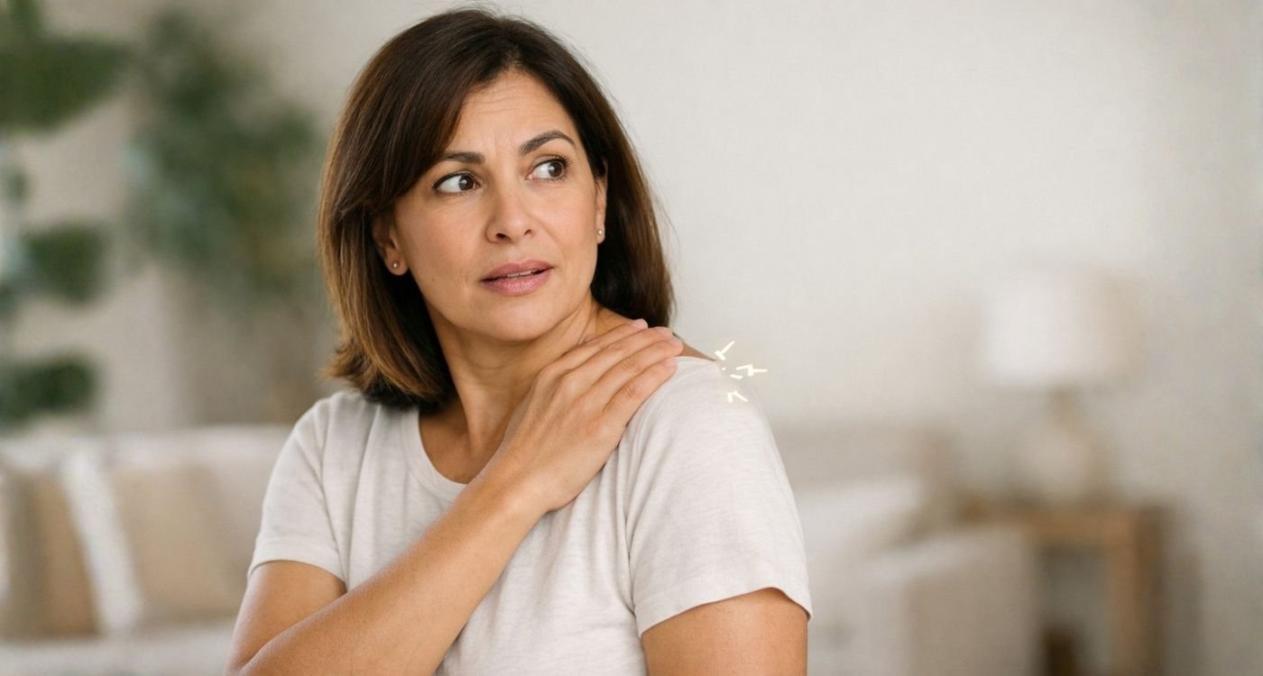 Mulher brasileira de cerca de 50 anos, em ambiente doméstico claro e acolhedor, toca o ombro com expressão de surpresa leve enquanto pequenos traços sutis indicam a sensação de choques elétricos na menopausa; imagem em meio busto, com fundo desfocado e espaço negativo lateral para título.