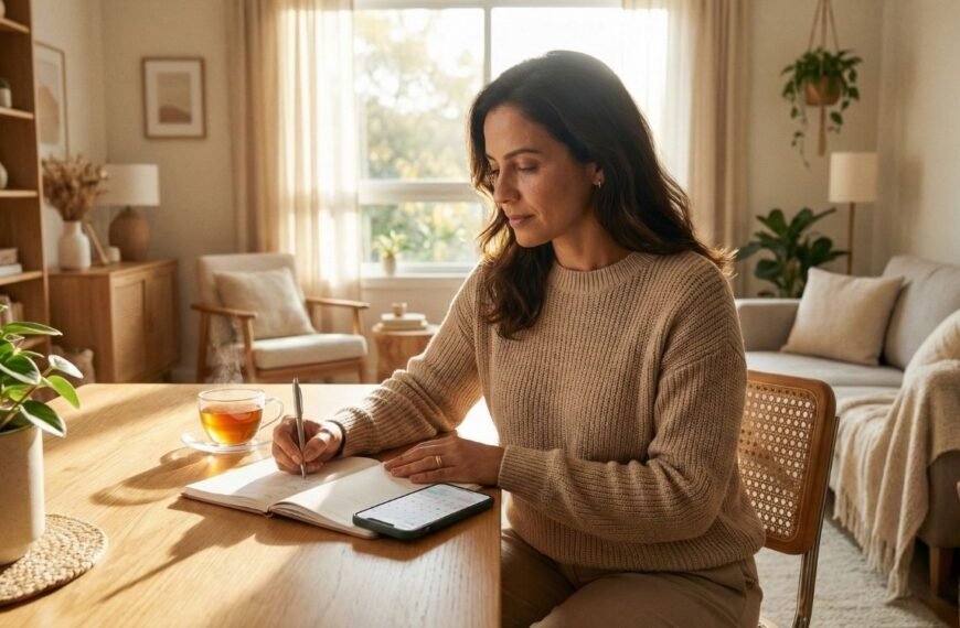 Mulher de meia-idade com expressão serena em uma sala ensolarada e acolhedora, escrevendo em um diário e consultando um aplicativo de calendário no celular, em um momento de organização e autocuidado para entender as fases do climatério e menopausa.