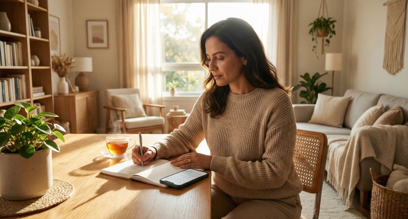 Mulher de meia-idade com expressão serena em uma sala ensolarada e acolhedora, escrevendo em um diário e consultando um aplicativo de calendário no celular, em um momento de organização e autocuidado para entender as fases do climatério e menopausa.