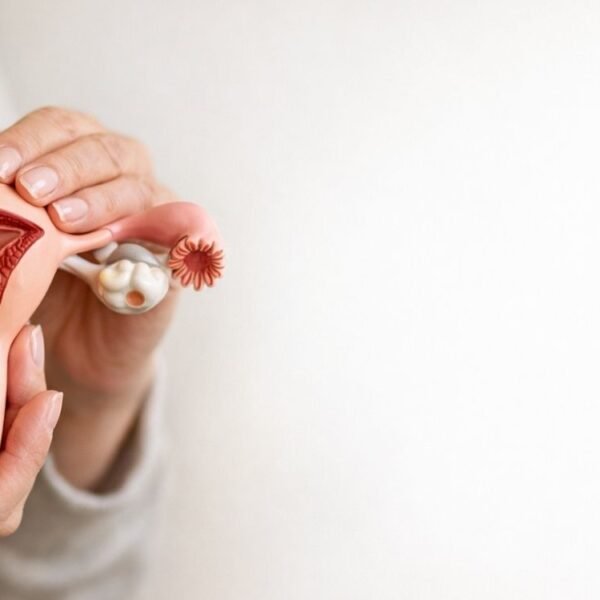 Mãos femininas maduras segurando um modelo anatômico do útero em ambiente claro e acolhedor, representando de forma educativa e respeitosa o tema da endometriose, com foco em informação e conscientização sobre a saúde da mulher.