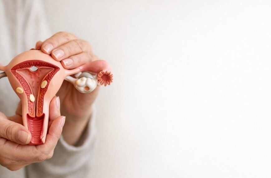 Mãos femininas maduras segurando um modelo anatômico do útero em ambiente claro e acolhedor, representando de forma educativa e respeitosa o tema da endometriose, com foco em informação e conscientização sobre a saúde da mulher.