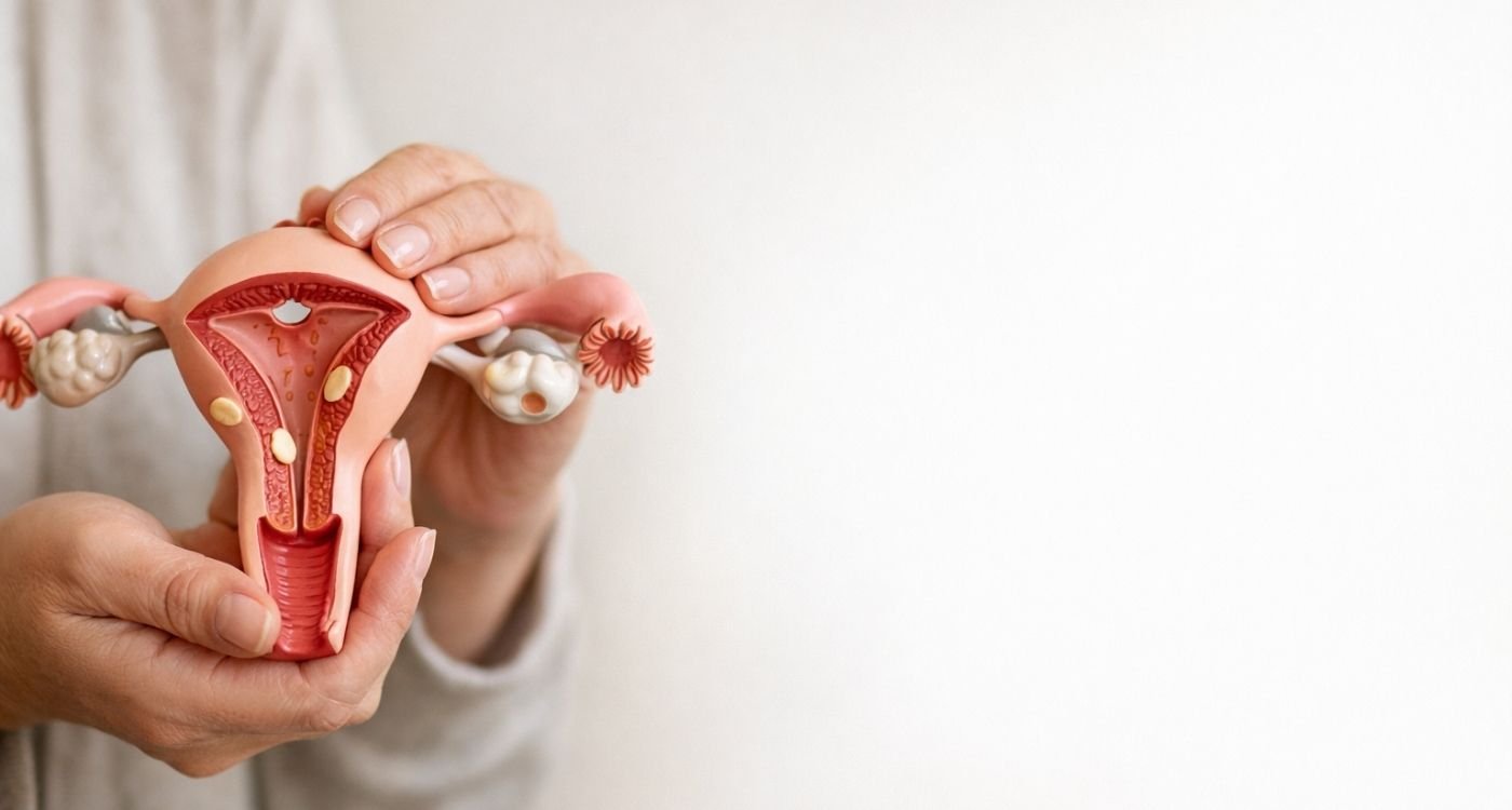 Mãos femininas maduras segurando um modelo anatômico do útero em ambiente claro e acolhedor, representando de forma educativa e respeitosa o tema da endometriose, com foco em informação e conscientização sobre a saúde da mulher.