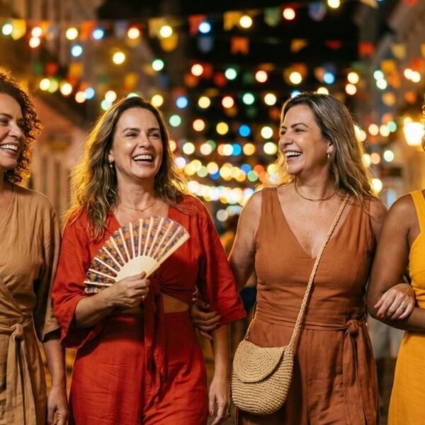 Quatro mulheres maduras e sorridentes caminham juntas em uma rua de paralelepípedos decorada com bandeirinhas e luzes coloridas durante uma festa noturna de carnaval. Elas usam looks de carnaval elegantes e confortáveis, como macacões e vestidos em tons terrosos e quentes (amarelo, marrom, vermelho), ideais para a celebração. Uma delas segura um leque aberto e outra uma bolsa transversal de palha. A iluminação é quente e festiva.