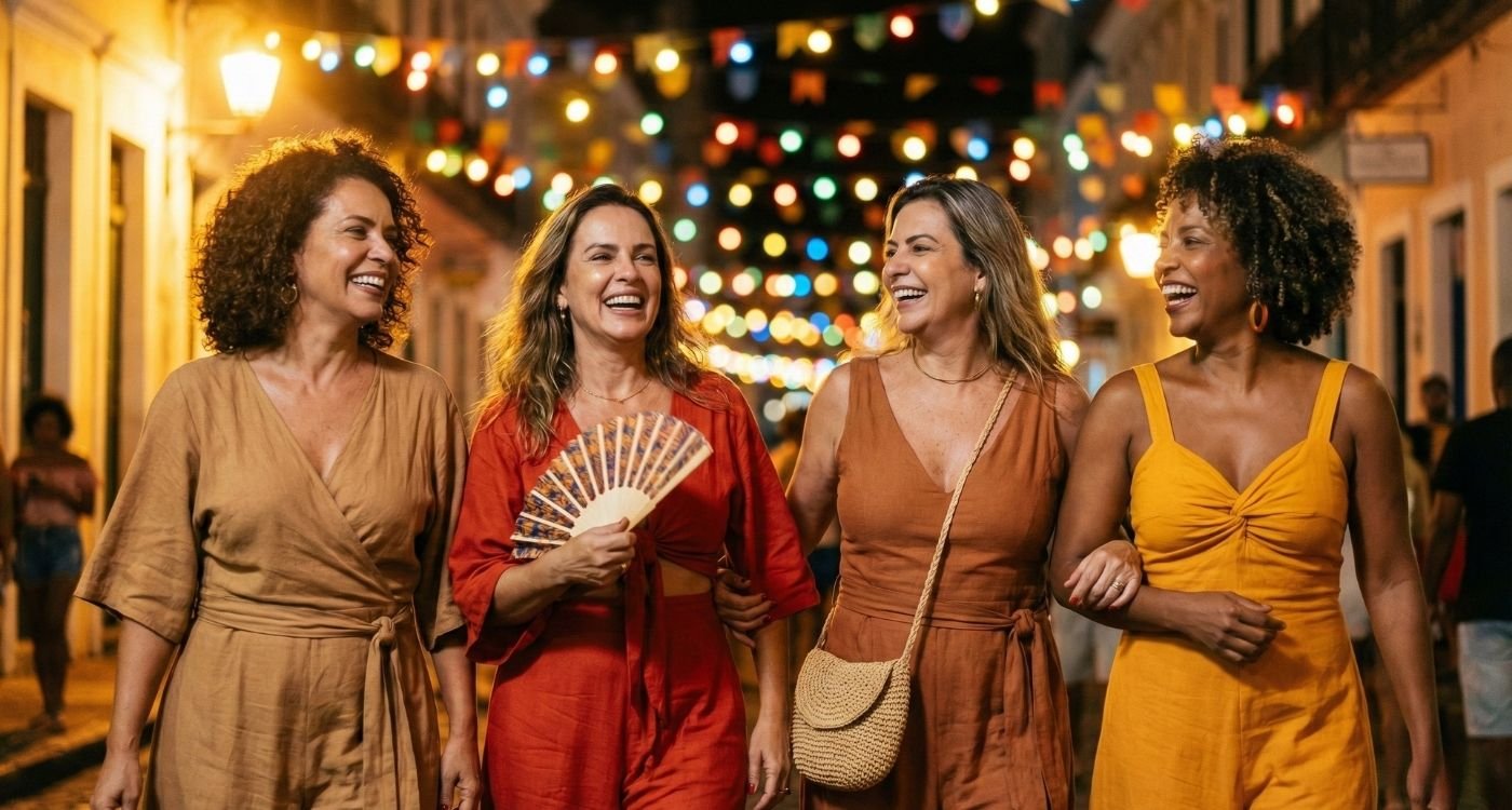 Quatro mulheres maduras e sorridentes caminham juntas em uma rua de paralelepípedos decorada com bandeirinhas e luzes coloridas durante uma festa noturna de carnaval. Elas usam looks de carnaval elegantes e confortáveis, como macacões e vestidos em tons terrosos e quentes (amarelo, marrom, vermelho), ideais para a celebração. Uma delas segura um leque aberto e outra uma bolsa transversal de palha. A iluminação é quente e festiva.