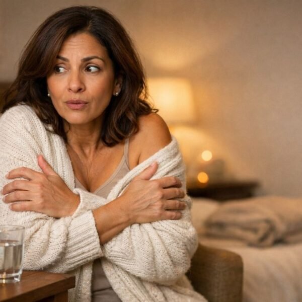 Mulher brasileira de meia-idade (40+), em ambiente doméstico acolhedor no fim de tarde, aparece em enquadramento de meio-corpo, sentada ao lado de uma mesa com um copo e uma garrafa de água. Ela cruza os braços sobre o peito e segura um cardigan claro, como se estivesse sentindo frio repentino. Sua expressão é de leve surpresa e desconforto, sem dramatização. Ao fundo, desfocado, há uma cama com manta dobrada e iluminação quente e suave, criando clima íntimo, elegante e acolhedor.