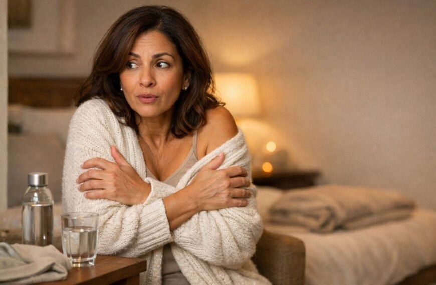 Mulher brasileira de meia-idade (40+), em ambiente doméstico acolhedor no fim de tarde, aparece em enquadramento de meio-corpo, sentada ao lado de uma mesa com um copo e uma garrafa de água. Ela cruza os braços sobre o peito e segura um cardigan claro, como se estivesse sentindo frio repentino. Sua expressão é de leve surpresa e desconforto, sem dramatização. Ao fundo, desfocado, há uma cama com manta dobrada e iluminação quente e suave, criando clima íntimo, elegante e acolhedor.