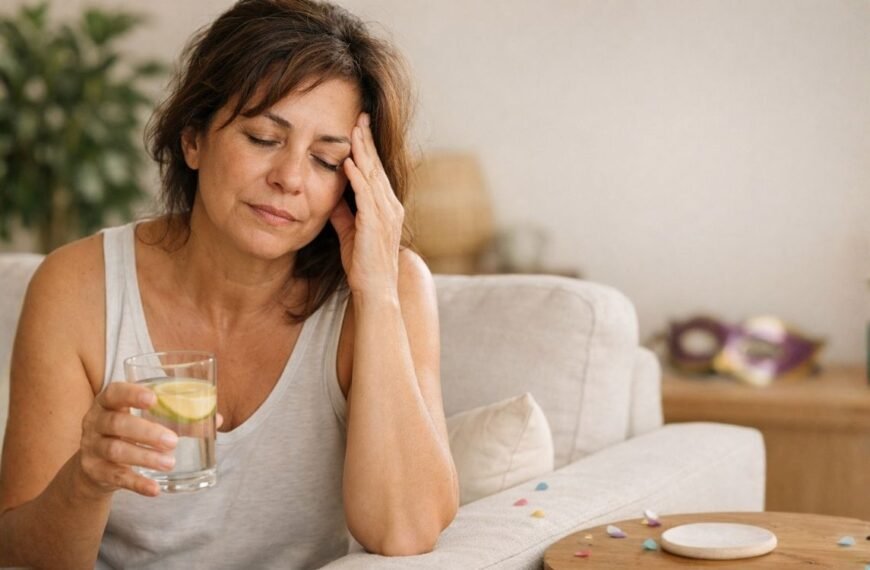 Mulher brasileira de 45 a 55 anos sentada em sofá claro pela manhã, com expressão de cansaço leve e humana, segurando um copo de água com limão enquanto apoia a mão na testa. Ao fundo, ambiente aconchegante em tons neutros, com planta e pequenos confetes e máscara de Carnaval discretamente desfocados, sugerindo recuperação e autocuidado após a ressaca de carnaval.
