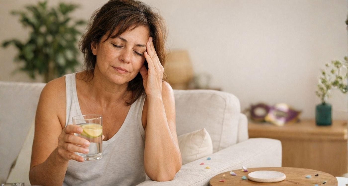 Mulher brasileira de 45 a 55 anos sentada em sofá claro pela manhã, com expressão de cansaço leve e humana, segurando um copo de água com limão enquanto apoia a mão na testa. Ao fundo, ambiente aconchegante em tons neutros, com planta e pequenos confetes e máscara de Carnaval discretamente desfocados, sugerindo recuperação e autocuidado após a ressaca de carnaval.