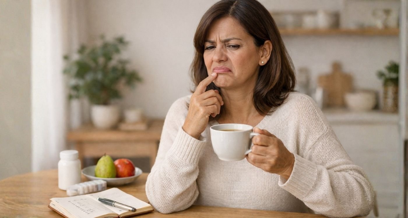 sabor metálico na menopausa: mulher 50+ em casa observando rotina e hidratação