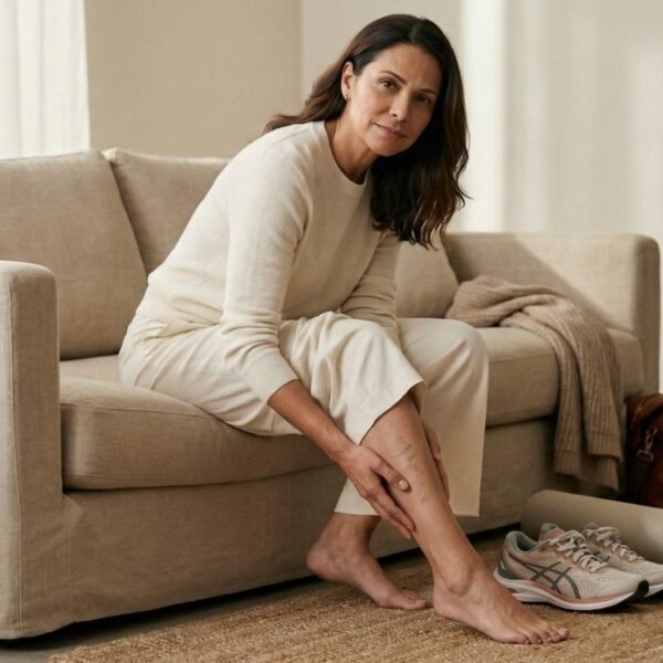 Mulher 40+ em autocuidado com varizes na menopausa visíveis de forma sutil, em ambiente claro e acolhedor