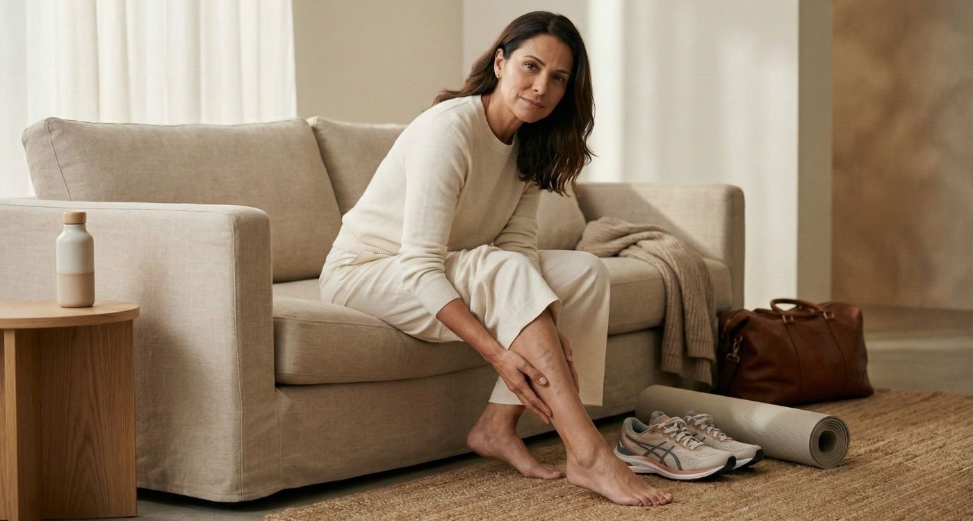 Mulher 40+ em autocuidado com varizes na menopausa visíveis de forma sutil, em ambiente claro e acolhedor